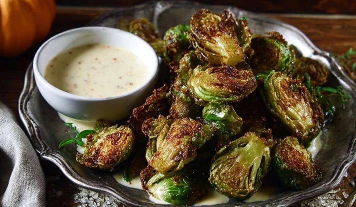 Fried Brussels Sprouts with Mustard Aioli on a rustic plate