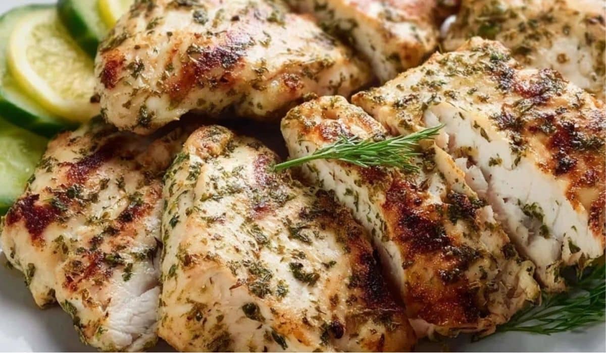 Greek Yogurt Marinated Chicken grilled with herbs and lemon