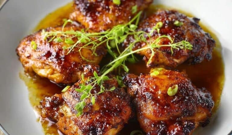 Easy Brown Sugar Glazed Chicken in a white skillet, caramelized and garnished with fresh herbs