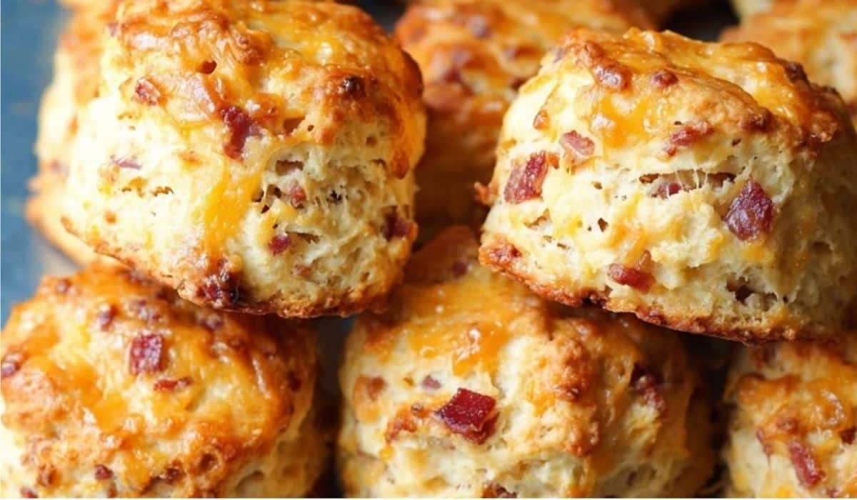 Maple Bacon Cheddar Biscuits stacked golden and cheesy