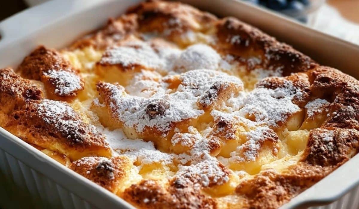 Golden baked pancake casserole dusted with powdered sugar in a white baking dish