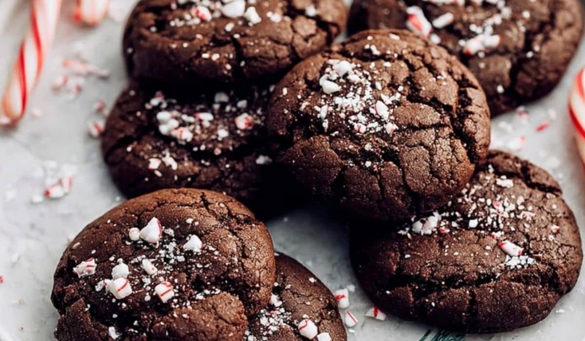 Peppermint Brownie Cookies Recipe with crushed candy canes on top