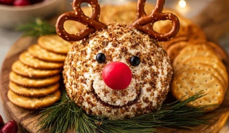 Reindeer Cheese Ball holiday appetizer with pretzel antlers and crackers