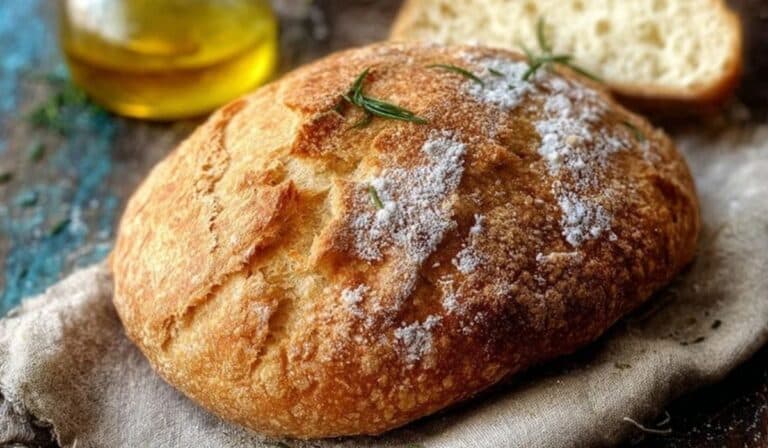 Rustic Italian Crusty Bread with golden crust and rosemary on linen