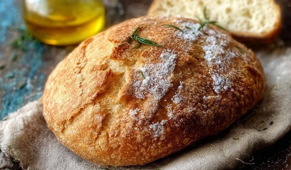 Rustic Italian Crusty Bread with golden crust and rosemary on linen
