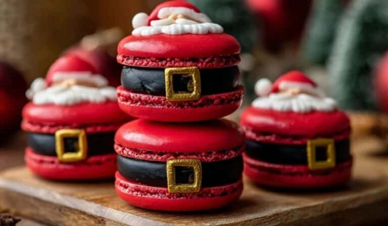 Santa Macarons with red shells, black belts, and festive white frosting