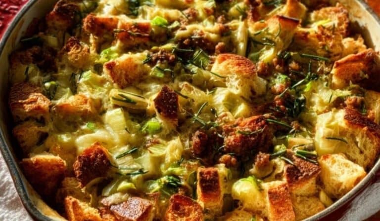 Featured image of Pear, Leek, and Cheddar & Sausage Savory Bread Pudding in a rustic skillet