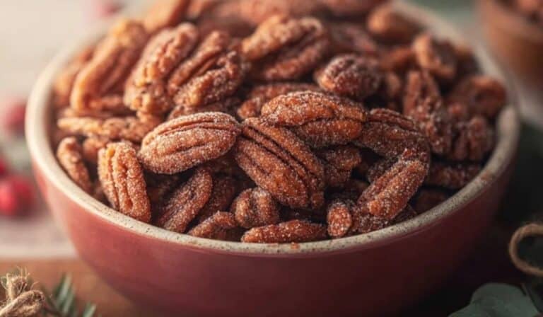 Slow Cooker Candied Pecans in a holiday bowl, sugar-coated and golden brown