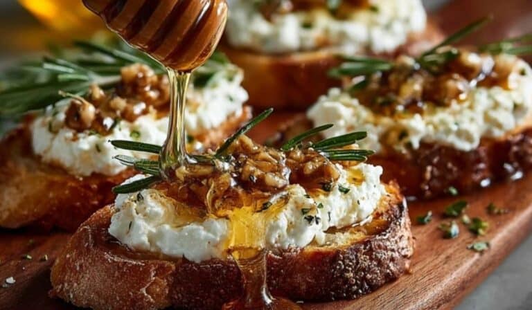 Spicy Honey Drizzled Feta Crostini Delight with fresh rosemary and walnut honey topping
