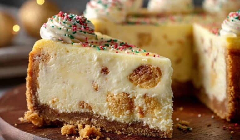 Sugar Cookie Cheesecake slice with sprinkles and whipped topping