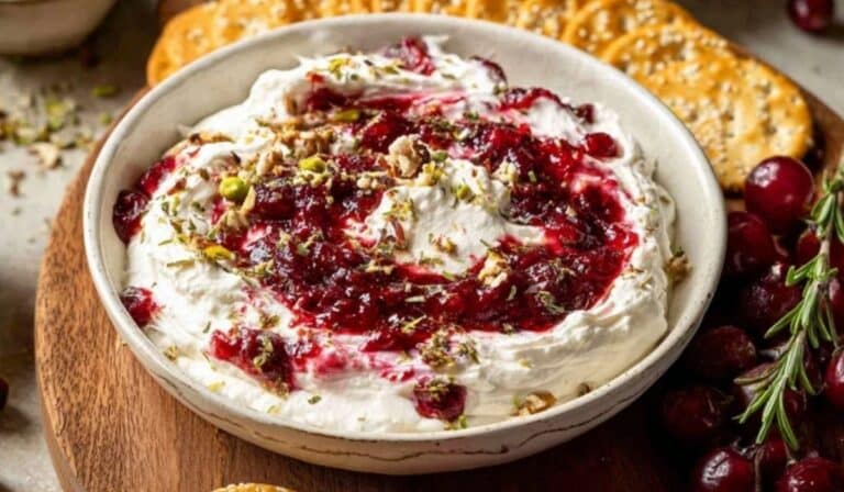 The Best Cranberry Whipped Feta Dip in a bowl with cranberry sauce and crackers