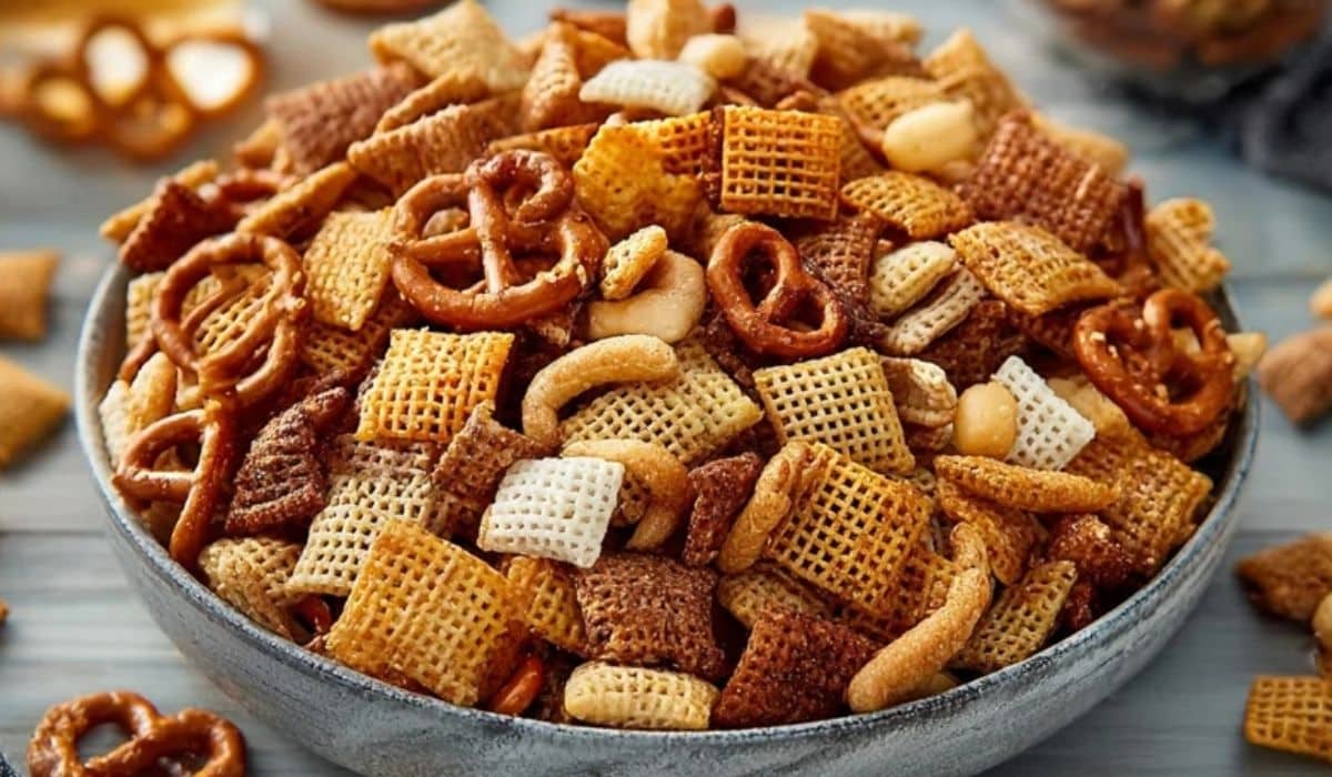 The Original Chex Mix Recipe in a large bowl with pretzels, cereal, and nuts
