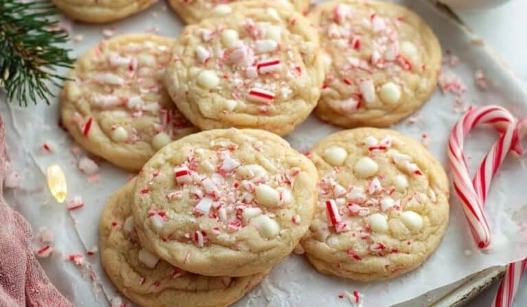 White Chocolate Peppermint Cookies on a holiday tray with candy canes