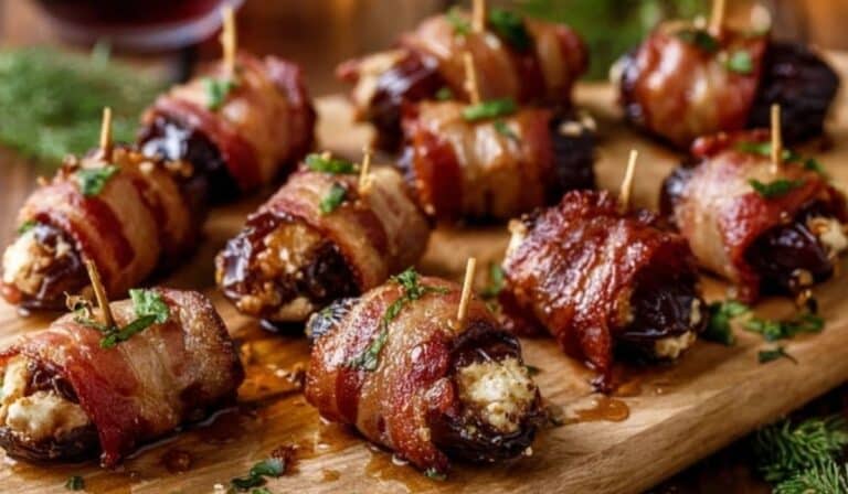 Bacon Wrapped Dates with Goat Cheese served on wooden board