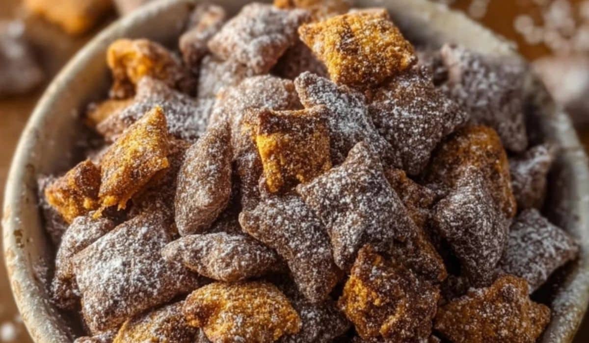 Close-up of crunchy Butterfinger Puppy Chow coated in powdered sugar