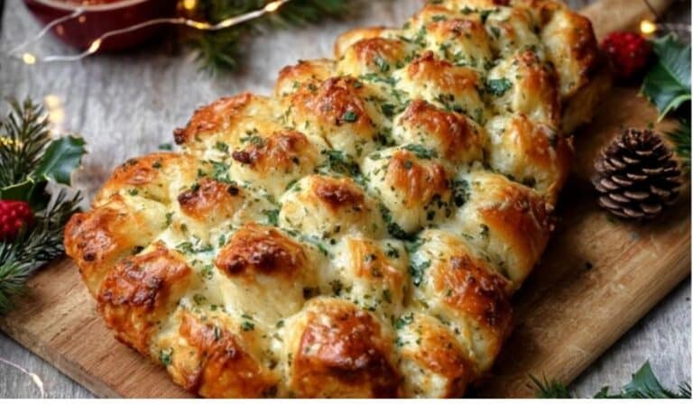 Cheesy Christmas Tree Bread served on a festive wooden board