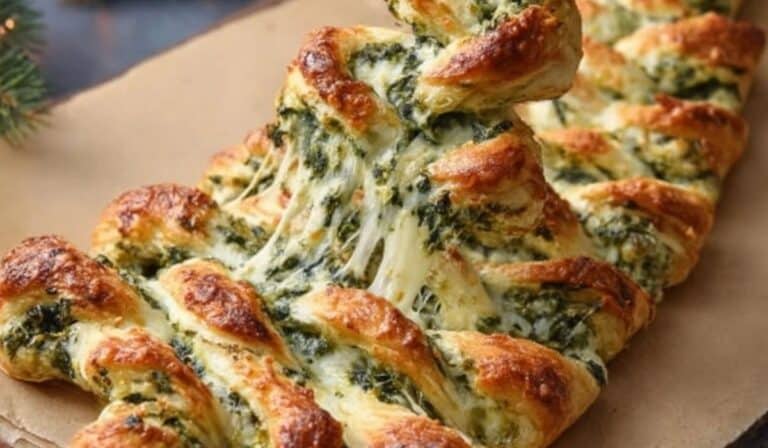 Christmas Tree Spinach Dip Breadsticks served on a holiday table