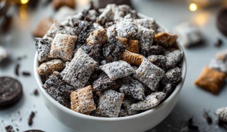 Cookies and Cream Puppy Chow served in a holiday bowl