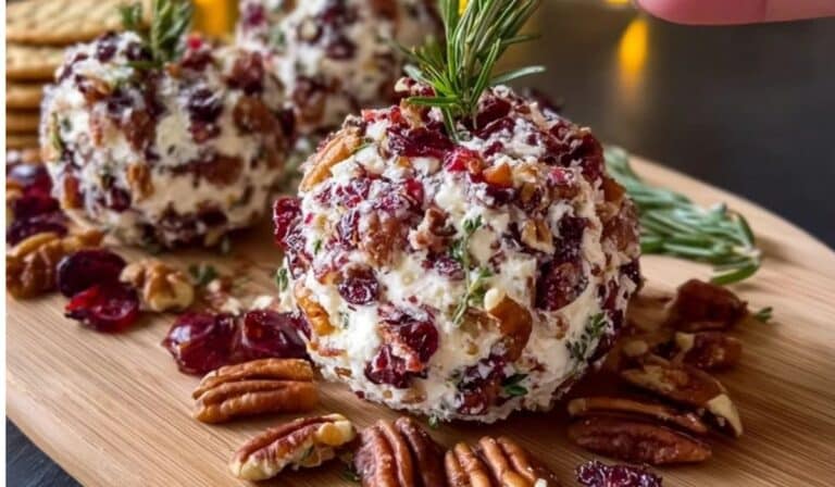 Cranberry Pecan Goat Cheese Ball on wooden board with rosemary and pecans