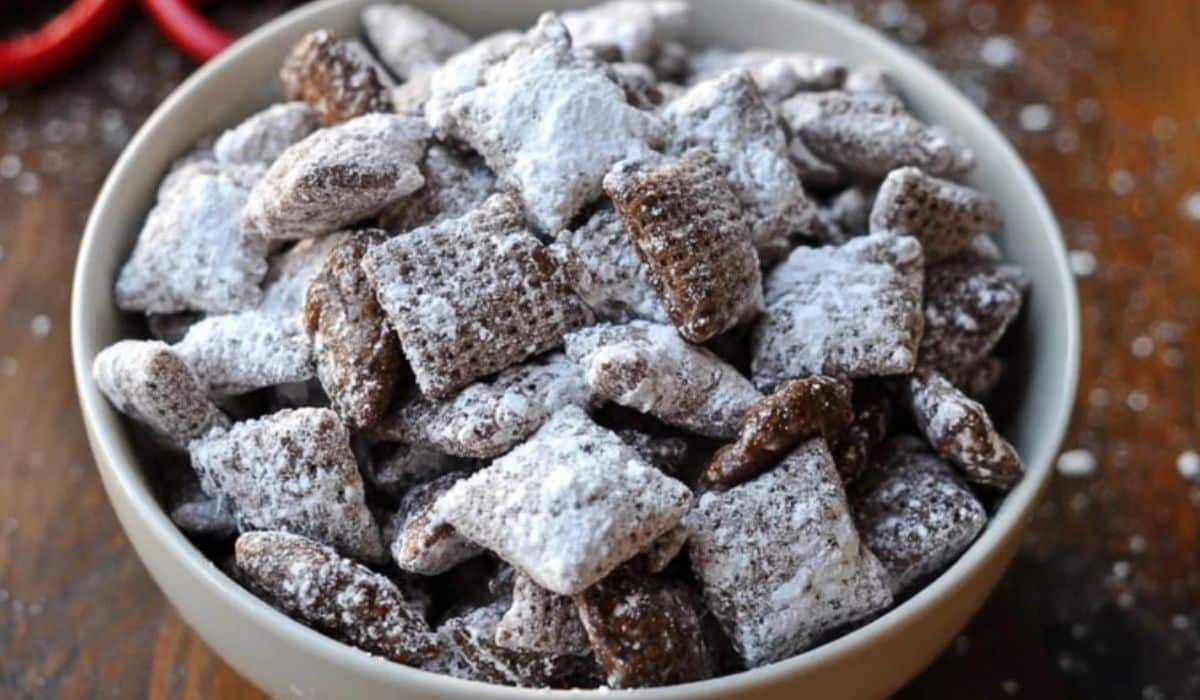 Easy Puppy Chow Recipe snack mix in rustic bowl