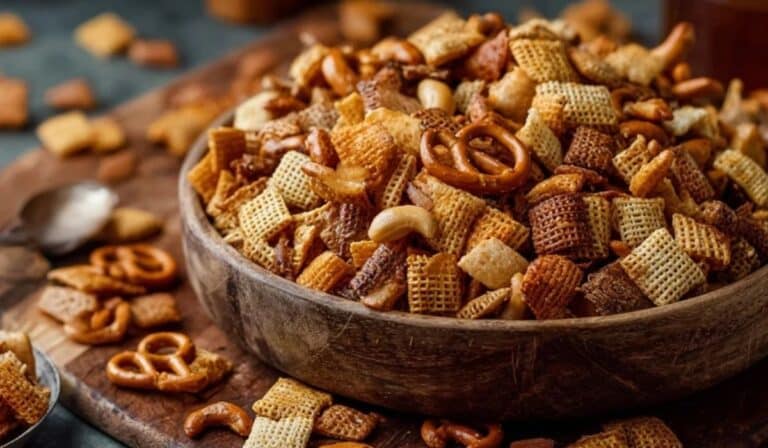 The Best Homemade Chex Mix (Slow Cooker or Oven) in a large wooden bowl