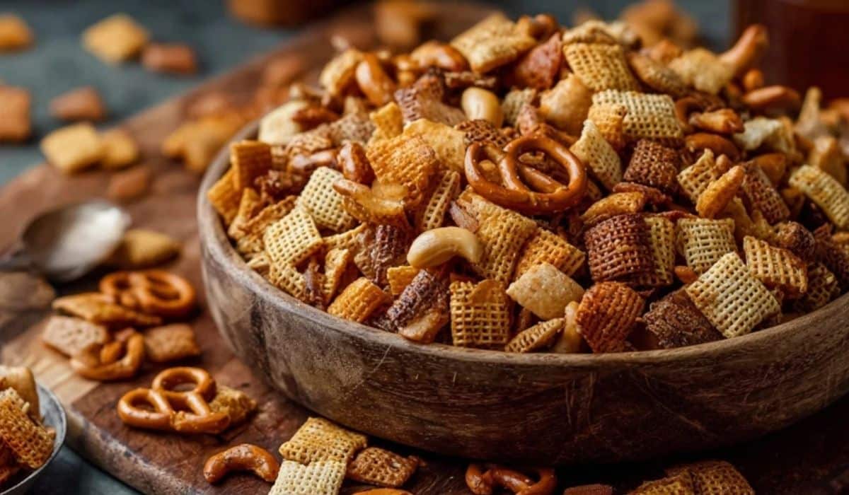 The Best Homemade Chex Mix (Slow Cooker or Oven) in a large wooden bowl