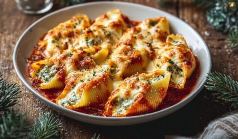Best Christmas Stuffed Shells served with festive décor