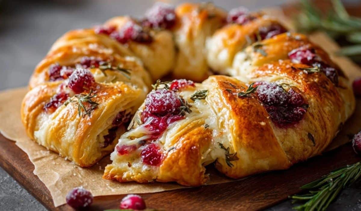 Brie Cheese and Cranberry Christmas Wreath Appetizer served on a rustic wooden board