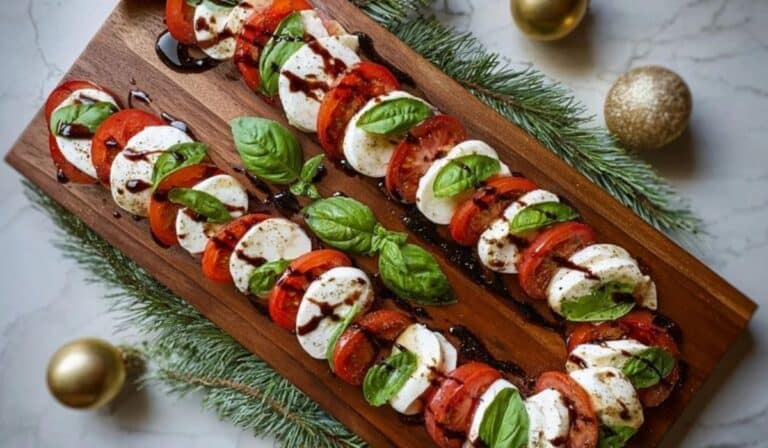 Candy Cane Caprese Board arranged on a festive holiday serving tray
