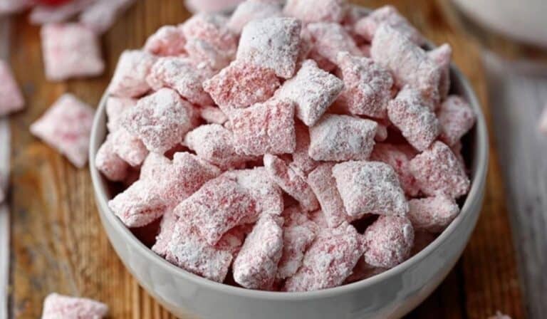 Cheery Cheesecake Puppy Chow served in a vintage pink bowl