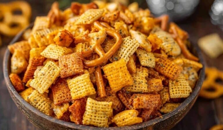 Cheesy Ranch Chex Mix served in a rustic wooden bowl on a table