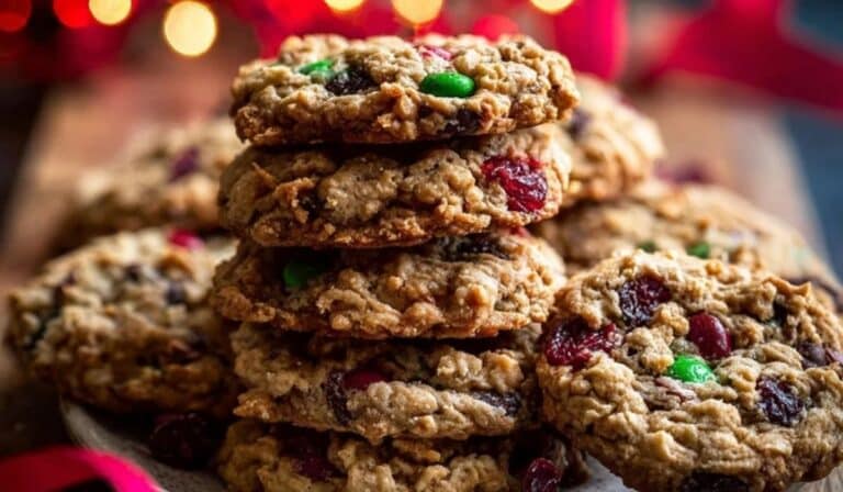 Christmas Monster Cookies stacked on a plate with holiday lights in the background