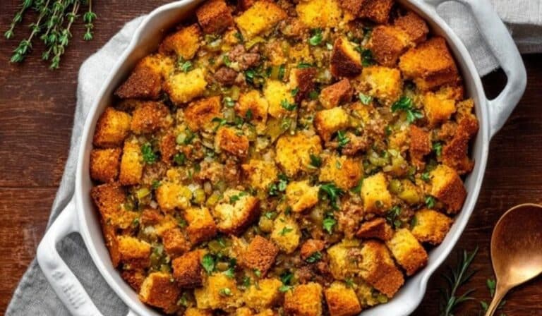 Cornbread Stuffing Recipe served in a rustic skillet with golden crust