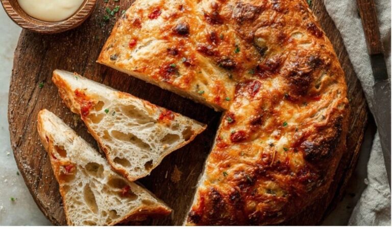 Crusty No-Knead Pizza Bread sliced on rustic wooden table