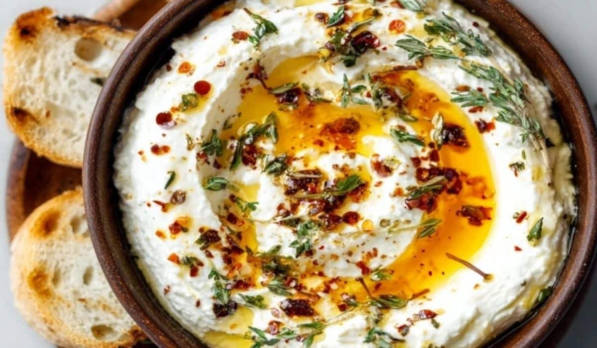 Delicious Ricotta Dip with Hot Honey on rustic serving tray