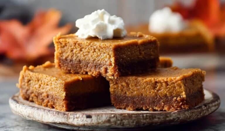 Easy Pumpkin Pie Bars served on a rustic plate with whipped cream