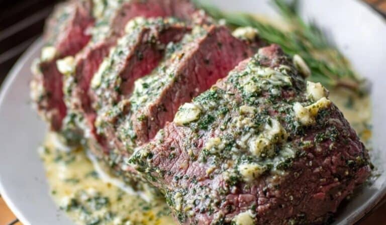 Garlic Butter Beef Tenderloin Recipe plated with herbs