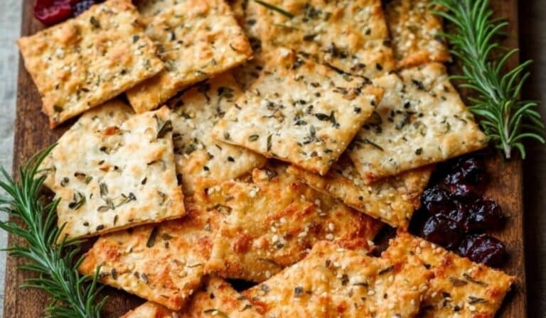 Homemade Artisan Crackers (4 Flavors) displayed on a cheese board