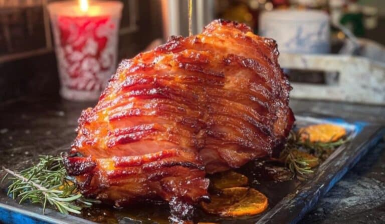 Honey Baked Ham with Orange-Brown Sugar Glaze on a festive holiday table