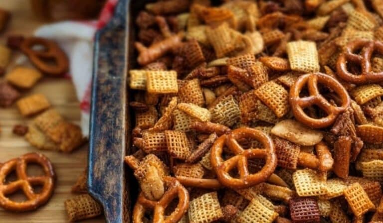 Honey Mustard Chex Mix in a bowl with pretzels and cereal