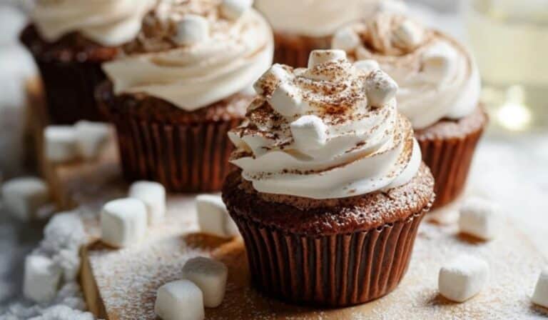 Hot Cocoa Cupcakes with Marshmallow Frosting on rustic table