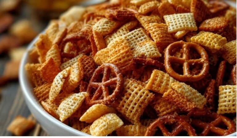 Irresistible Ranch Chex Mix Snack served in a large rustic bowl