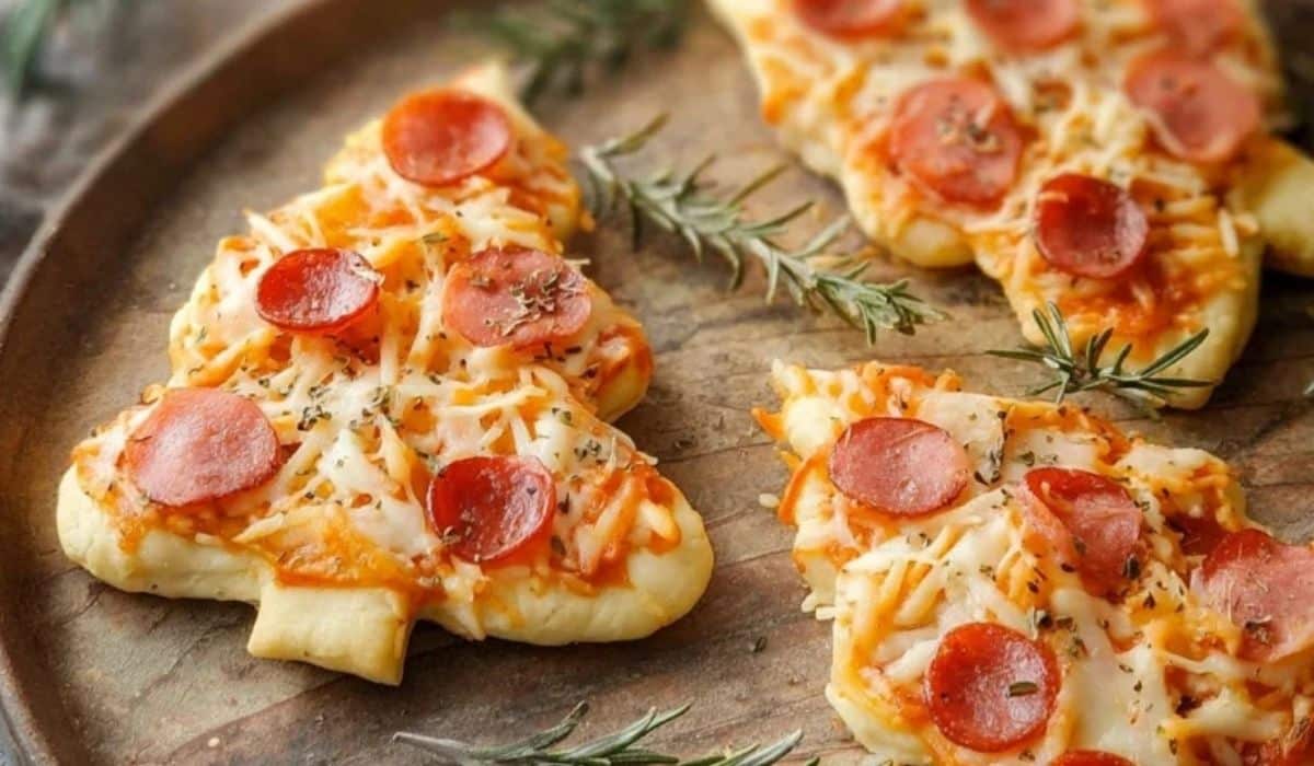 Mini Christmas Tree Pizza served on a wooden board with festive decor