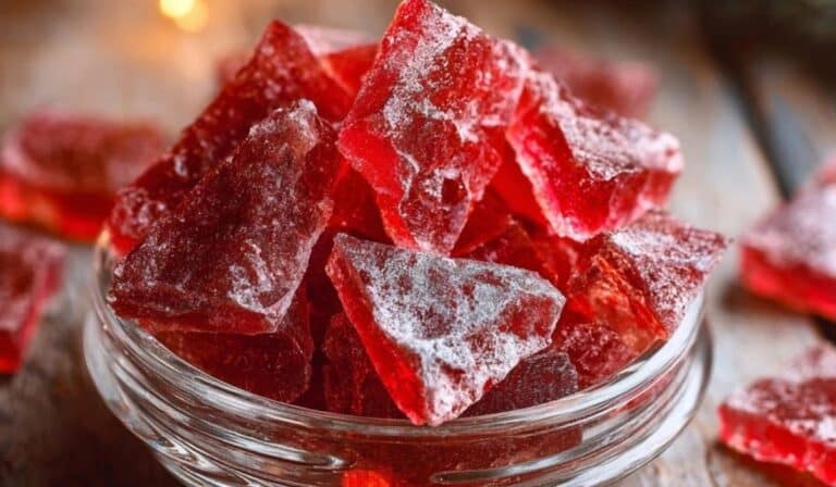 Old-Fashioned Cinnamon Rock Candy on a festive tray