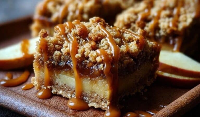 Salted Caramel Apple Crumble Bars Fall Treat served on tray