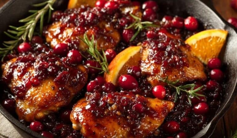 Skillet Cranberry Orange Chicken in cast iron pan with sauce