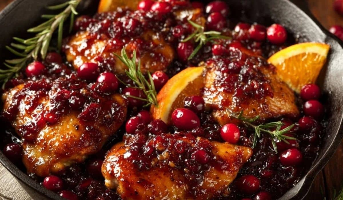 Skillet Cranberry Orange Chicken in cast iron pan with sauce