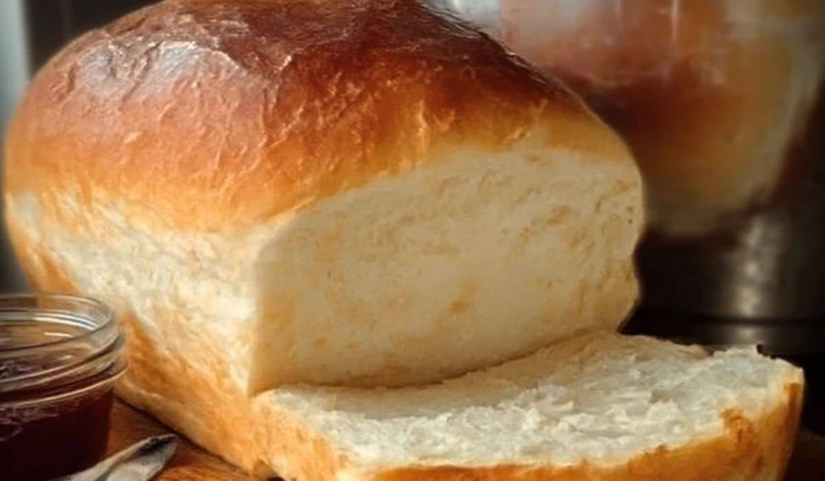 Soft Amish White Bread served on rustic table