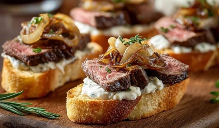 Steak Crostini with Horseradish Sauce and Caramelized Onions on Serving Board