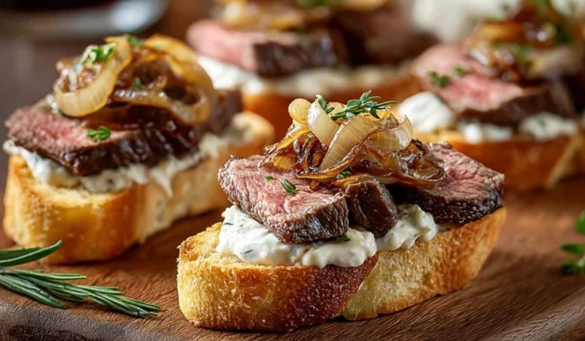 Steak Crostini with Horseradish Sauce and Caramelized Onions on Serving Board